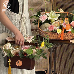 中秋节复古手提花篮手拎水果送礼篮子竹编篮花店花艺礼品材料资材