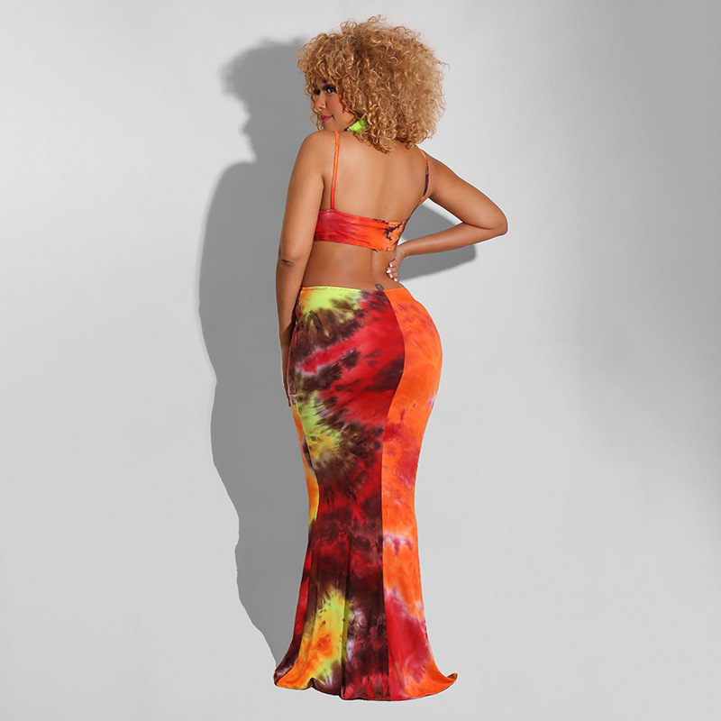 Printed Hollow Sling Skirt Sleeveless Halter Slim and Thin Hip Long Dress NSJYF64581