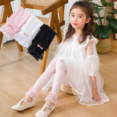 夏季薄新款兒童連褲襪女童抗起球面膜蕾絲花邊刺繡小花花邊九分褲