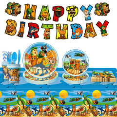 亚马逊新款山海经主题儿童生日派对一次性纸盘纸巾桌布横幅装饰品