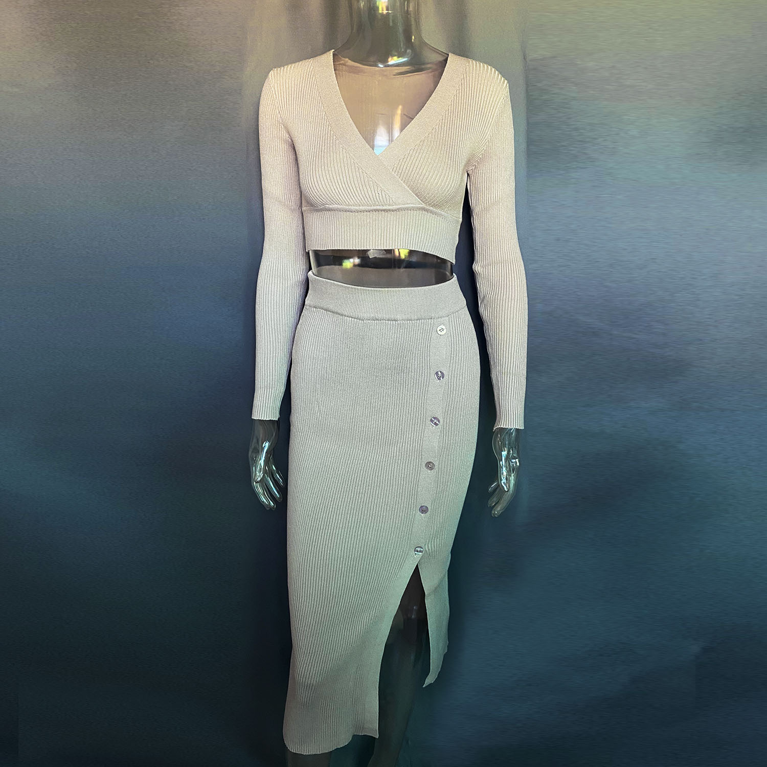Women's Clothing Slit Sweater Dress Deep V High Elastic Wool Sweater Suit_voghion.com