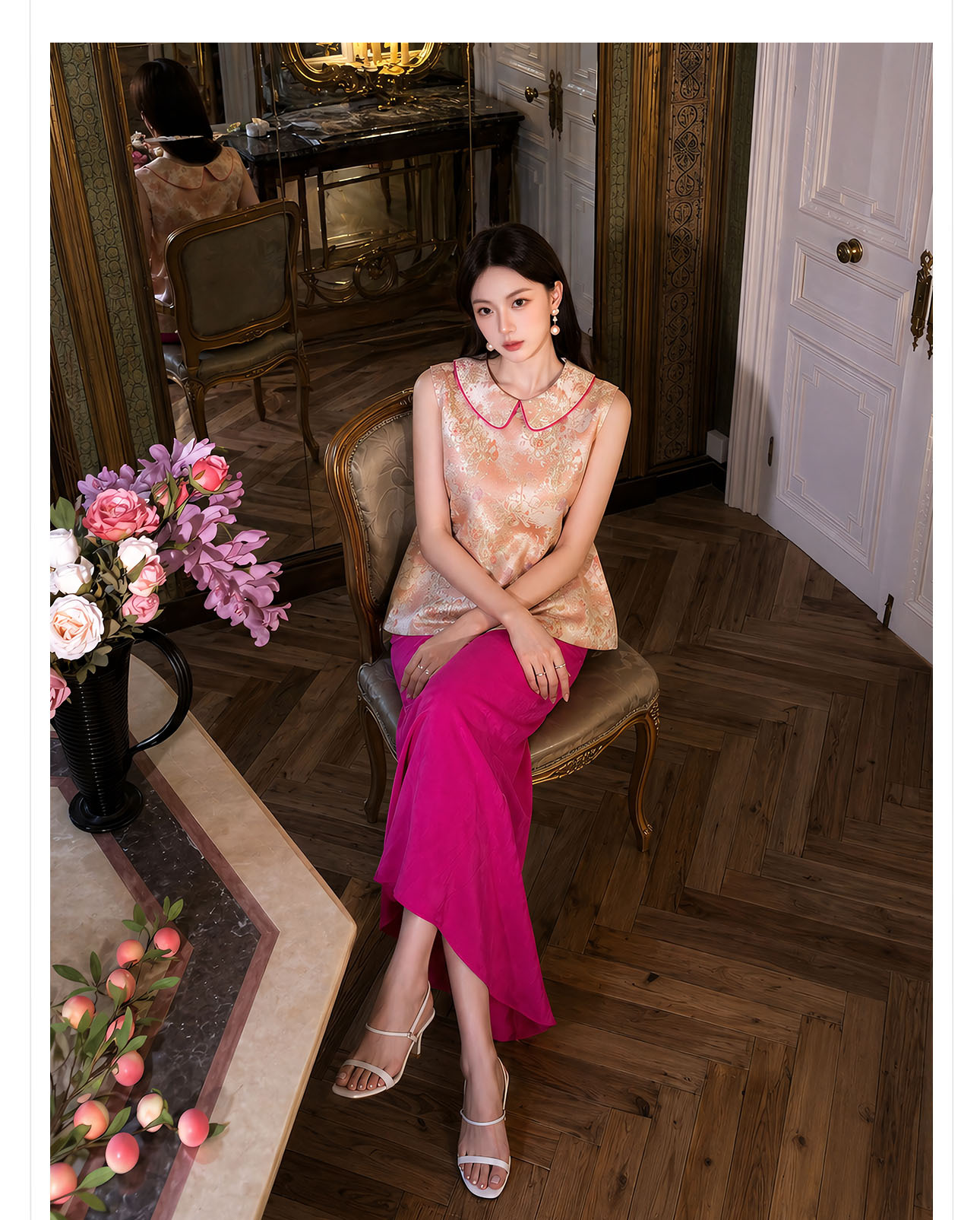 Bộ áo gile + chân váy nữ phong cách Trung Hoa mới, chất liệu jacquard cao cấp, form thắt eo thanh lịch — Áo khoác Carmine, Trang phục [Áo khoác màu hồng+váy đỏ], Màu đỏ nửa váy chi tiết 3