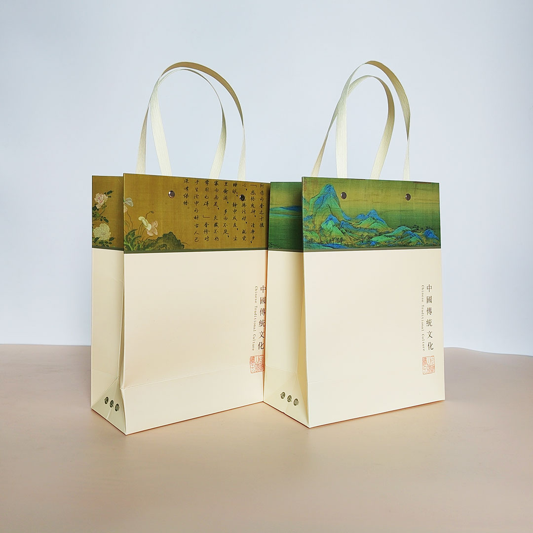 中国风礼品袋茶叶纸袋复古中式排绳古山水画手提袋打包提袋