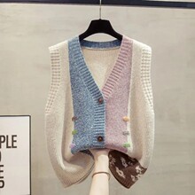 跨境拼色V领针织开衫马甲背心女春秋新款宽松外穿马夹毛衣坎肩潮