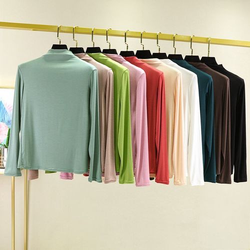 Spring and Summer Bit Cotton High Collar Long Sleeve T-Shirt Loose Women's Top Korean Version Thin Color Base Shirt Large