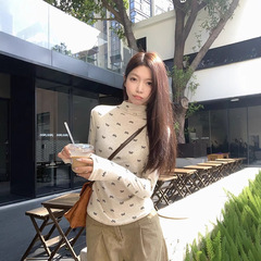 半高领德绒内搭打底修身上衣女秋冬季新款蝴蝶结碎花长袖T恤衫女