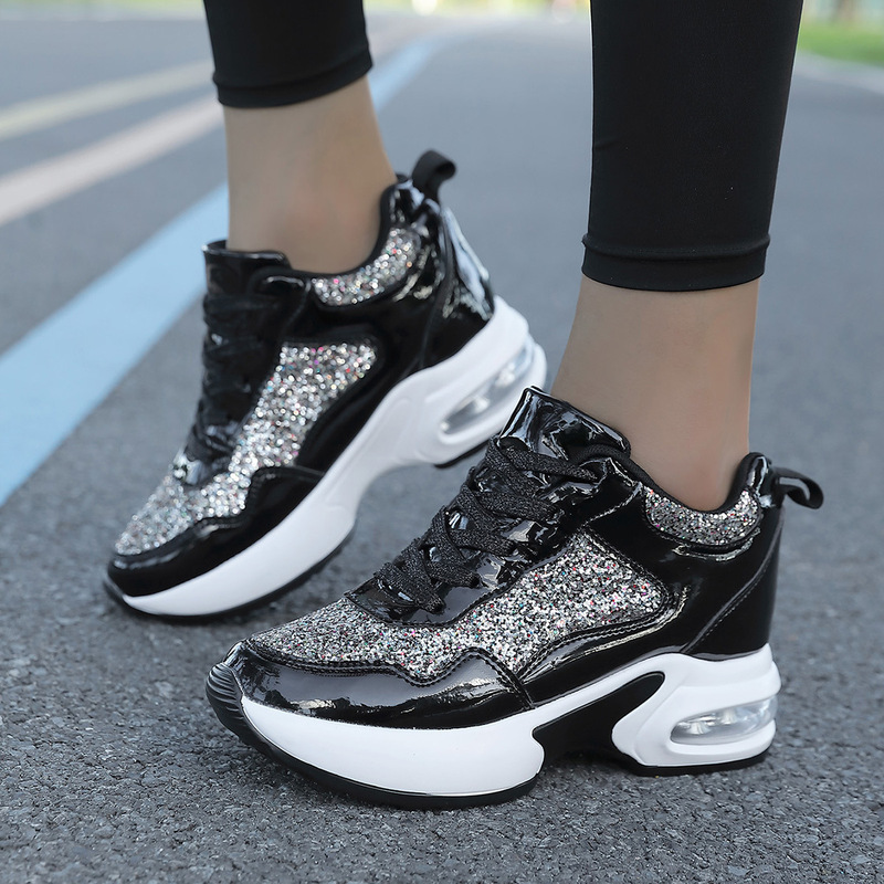 2025 New Fashion Sequin Lace-Up Dad Shoes Versatile for All Seasons Height-Increasing Women's Shoes Thick-Soled Casual Sports Shoes