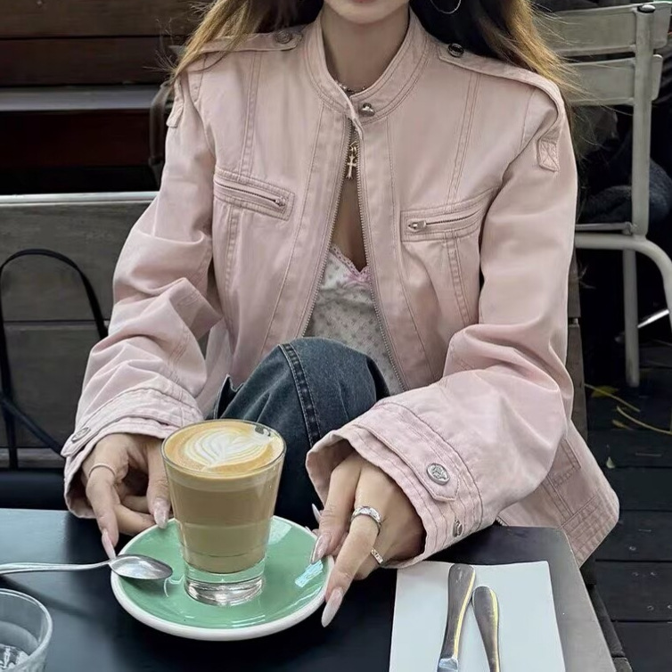 American-style vintage washed stand-collar short jacket for women, casual autumn top American-style vintage washed stand-collar short jacket for women, casual autumn top