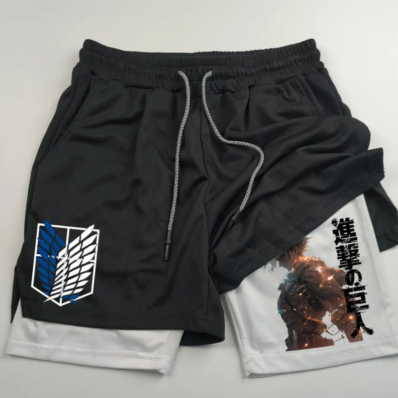 Cross-border foreign trade animation attack giant fashion printing men's two-in-one double-layer sports fitness casual shorts Cross-border foreign trade animation attack giant fashion printing men's two-in-one double-layer sports fitness casual shorts