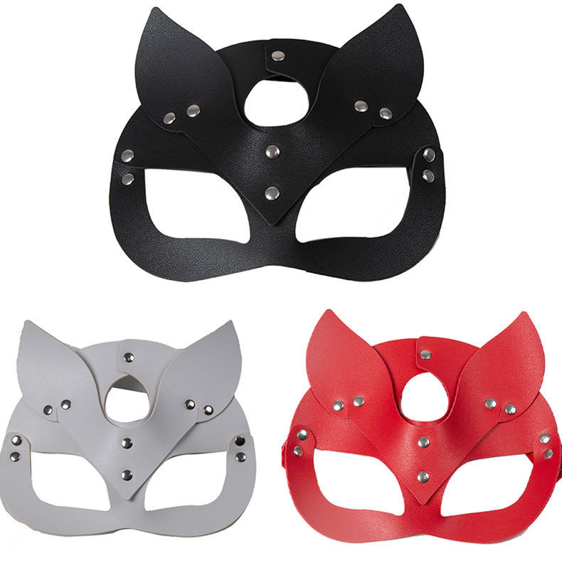 Leather Fox Eye Mask with Studs and Cat Ears, Pink Role Play Blindfold — detail image 1