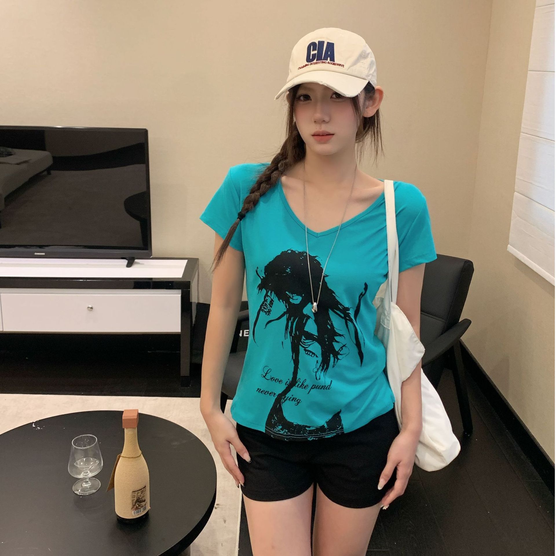 Lightweight Asian Style Sexy Slim Fit Short Sleeve V-Neck Women's Summer Slimming Waist-cinching Top 26160