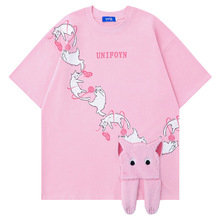YPRS男装甜酷风学生穿搭小猫印花短袖体恤粉色情侣款小众夏季半袖