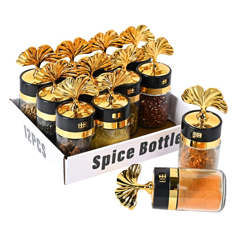 Nueva cocina sellada ginkgo hoja condimento botella hogar frasco de sal vidrio condimento botella condimento caja MSG condimento botella