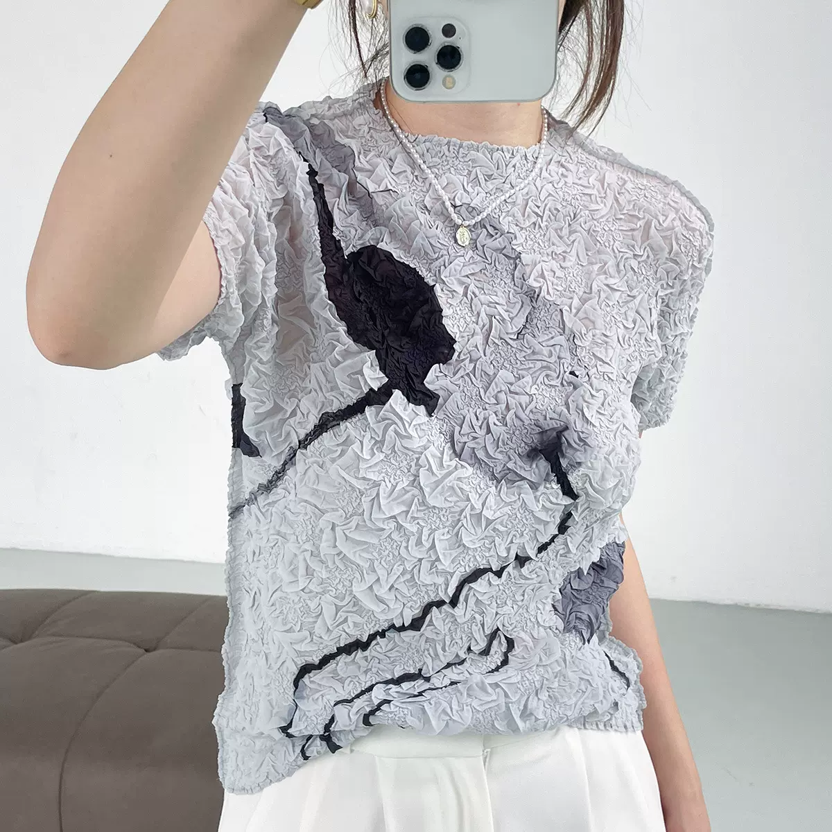 三宅风格立体油画感花卉高弹抓褶抗皱短袖圆领T恤修身百搭上衣女