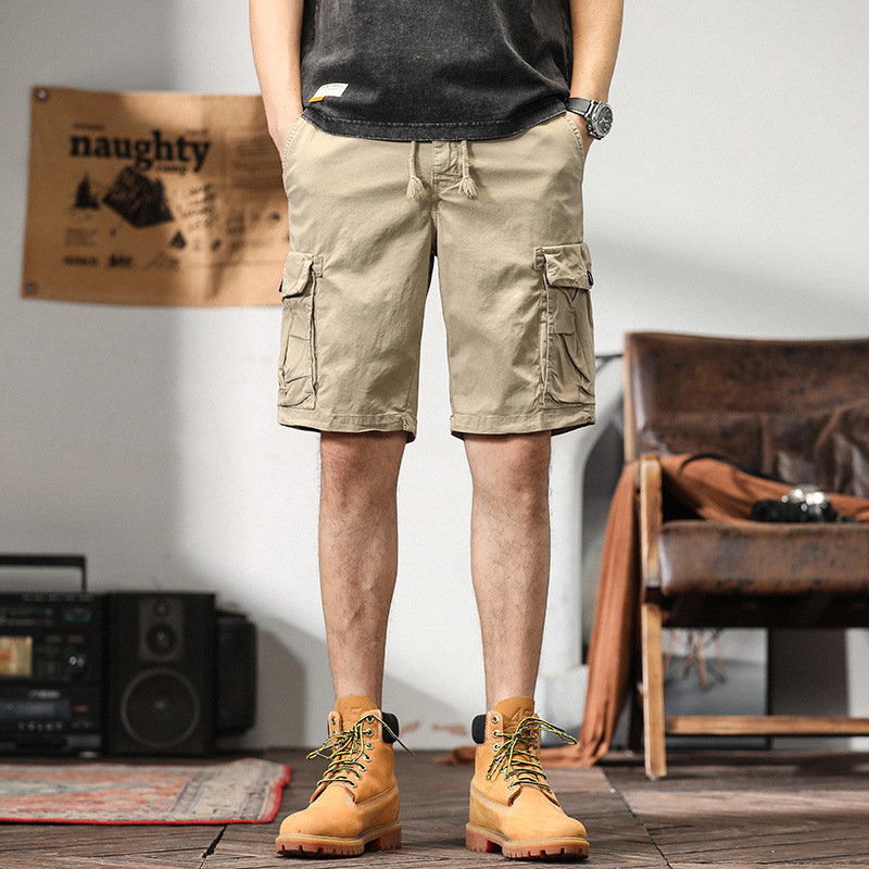 American-Style Trendy Brand Cargo Shorts for Men, Loose Straight-Leg Shorts, Casual Versatile Multi-Pocket Mid-Length Shorts with Drawstring, Five-Point Shorts