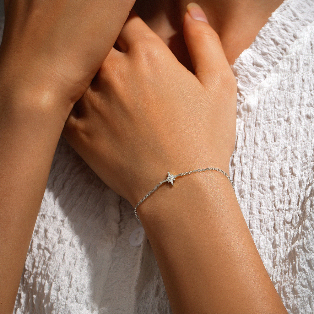 Zircon Inlay Material 1 Piece 925 Sterling Silver Octagonal Star Zircon 925 Sterling Silver Cable Chain Bracelets