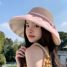 赫本风欧根纱蝴蝶结草帽女沙滩帽法式复古大檐渔夫帽可折叠遮阳帽