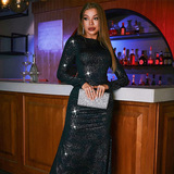 (Трансграничная торговля), блестки для ногтей, длинный лонгслив, элегантное платье, европейский стиль, новая коллекция, с акцентом на бедрах