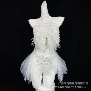 European and American Fashion White Mesh Bikini Set Electronic Music Festival Singer Performance Costume Sexy Party Disco Short Dress