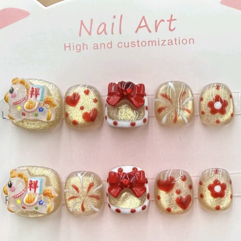 【Children's Wearable Nails】3D Instant Wealth-Themed Short Nail Stickers, Purely Handmade