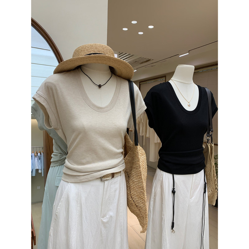 Summer Cool Skin-Friendly Lyocell U-Neck T-Shirt, Multi-Color, Casual, Easy to Wear, Stretchy, Slim-Fit, Flutter-Sleeve Top for Women