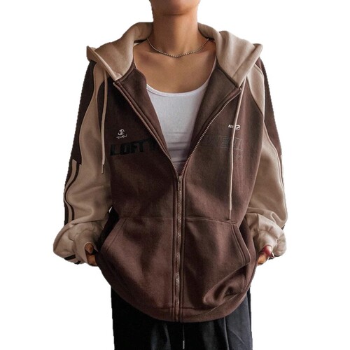 Spot 2026 autumn and winter fashionable American splicing color contrast ins simple personality hooded loose hooded hooded sweater coat wholesale