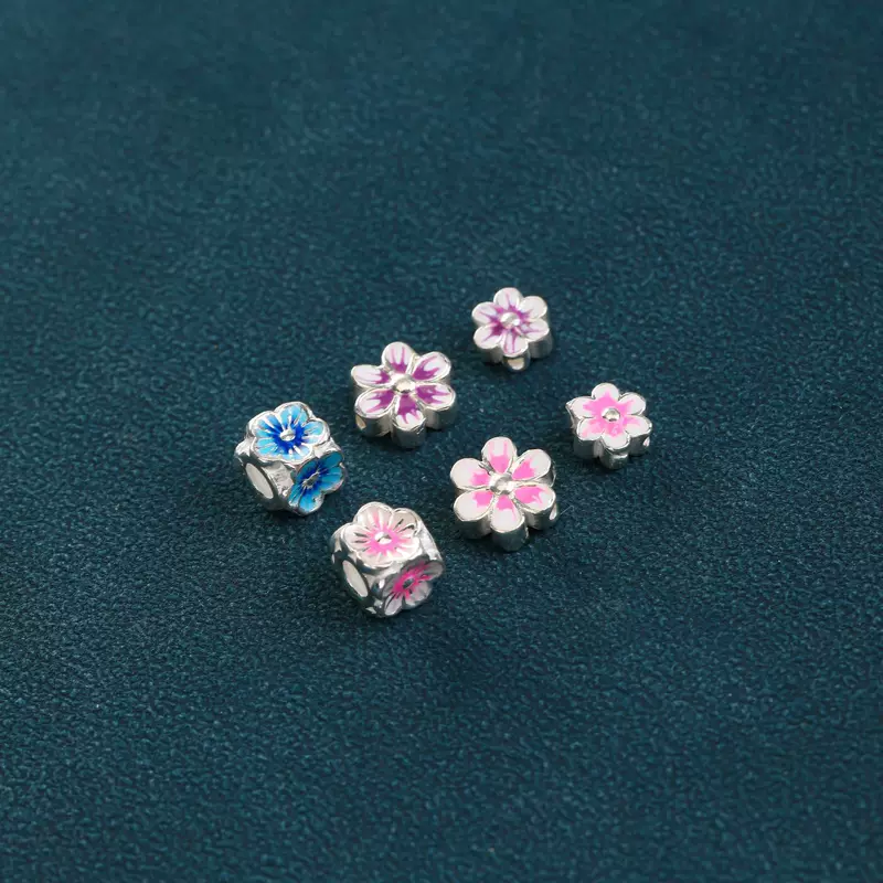 Square enamel flower-shaped, beads, accessory, silver 925 sample, four-leaf clover, flowered, DIY