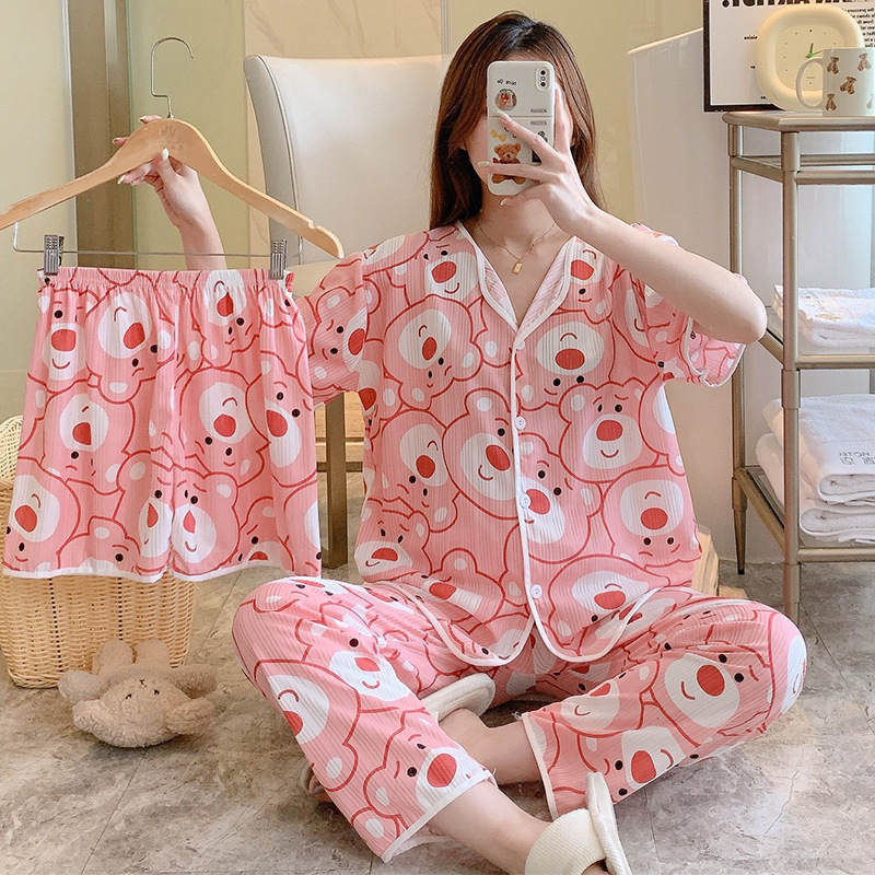 Quick Hand Douyin Live Net Red Pijamas Mujeres Verano Versión coreana de pantalones cortos de manga corta estilo ins Pantalones Ropa a domicilio de tres piezas