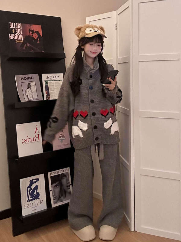 可爱少女纽扣长袖睡衣女冬季新款半边绒大码开衫长裤家居服两件套|undefined