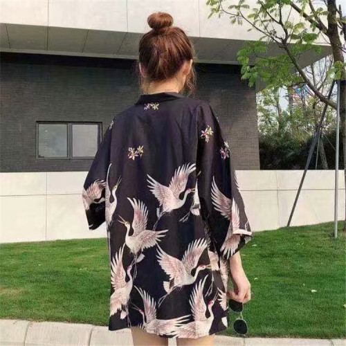 Hanfu short-sleeved shirt women's Korean-style Chinese style Tang suit trendy cropped robe crane couple outfit Japanese retro kimono