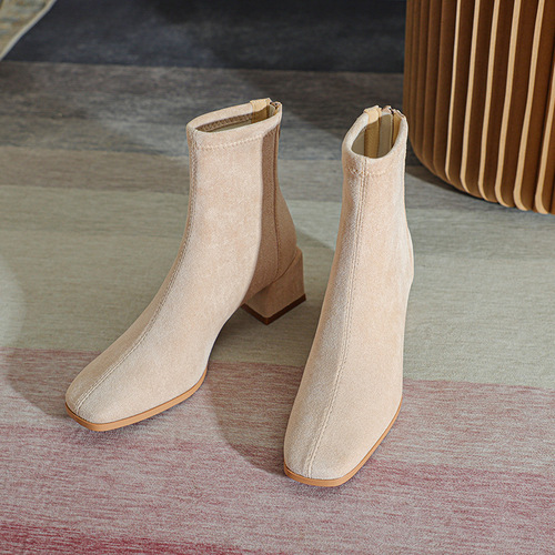 Fuhao square toe short boots for women thick heel women's boots French nude boots slim boots suede winter women's shoes stretch boots for women