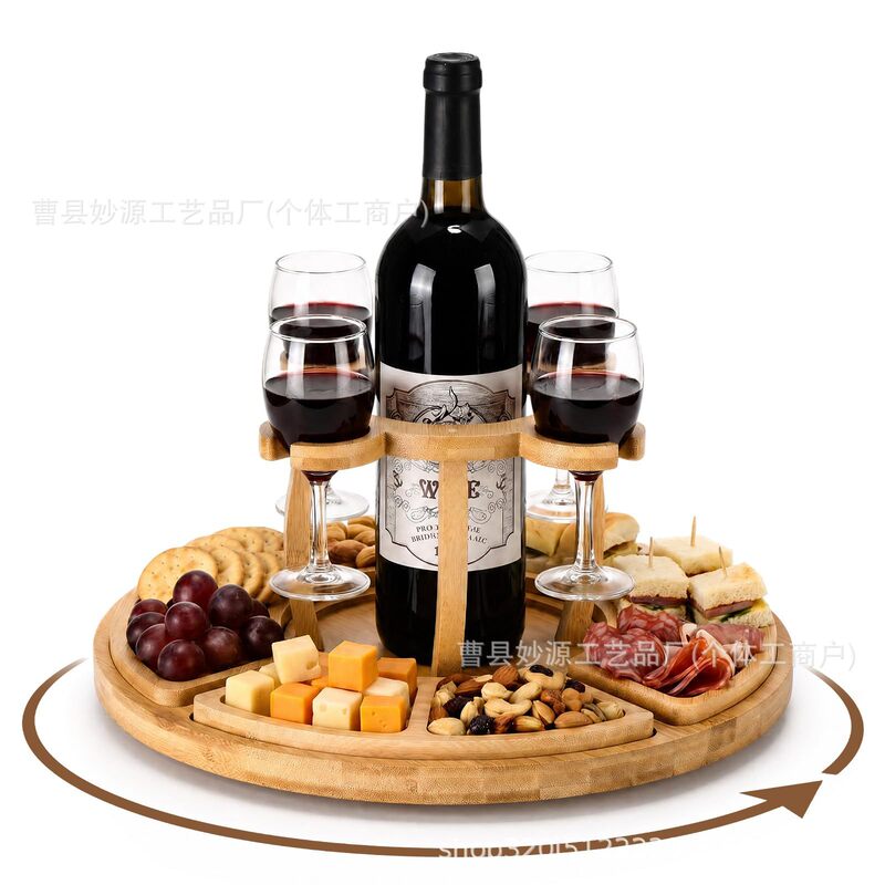 Wooden Tray, Solid Wood Integrated Goblet Holder, Dinner Plate, Outdoor Picnic Deli Tray, Round Rotating Tray