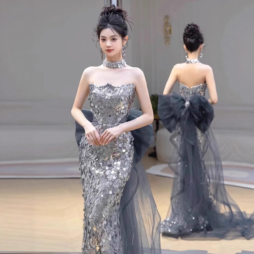 High-End Sequined Fishtail Skirt, Fashionable Bow-Tail Yarn Banquet Host Dress, Birthday Photo Dress