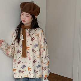 女童毛衣洋气上衣中大童秋冬新款涂鸦时髦宽松百搭长袖时尚针织衫