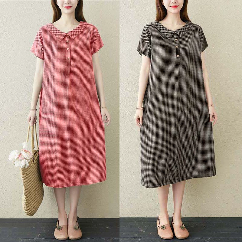 AliExpress 2025 Лето Новинка ретро Литературный свободный хлопок и лен клетчатое платье с коротким рукавом Женское платье-рубашка