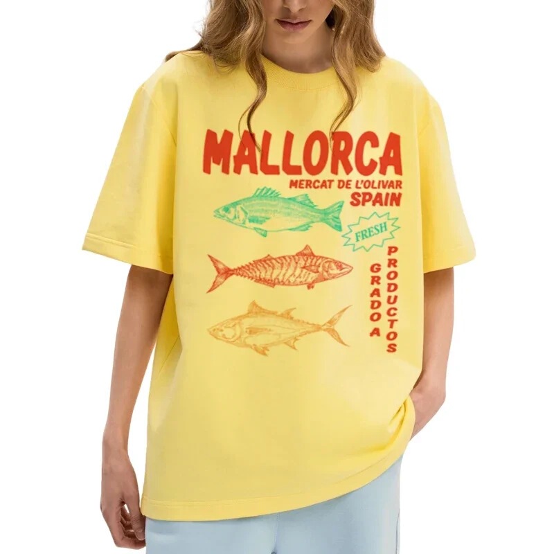 Spanish Fish Retro Graphic T-Shirt for Women Y2K Aesthetic Coastal Beach Yellow T-Shirt Seafood Shirt Short Sleeve Summer Spanish Fish Retro Graphic T-Shirt for Women Y2K Aesthetic Coastal Beach Yellow T-Shirt Seafood Shirt Short Sleeve Summer