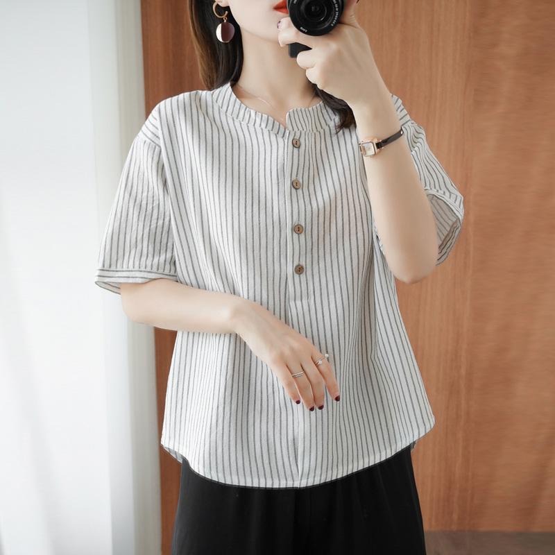Mom's New Cotton Short-sleeved T-shirt Women's Vertical Stripe Imitation Cotton and Linen 2023 Summer Loose Slimming Half-sleeved Shirt Trendy Mom's New Cotton Short-sleeved T-shirt Women's Vertical Stripe Imitation Cotton and Linen 2023 Summer Loose Slimming Half-sleeved Shirt Trendy