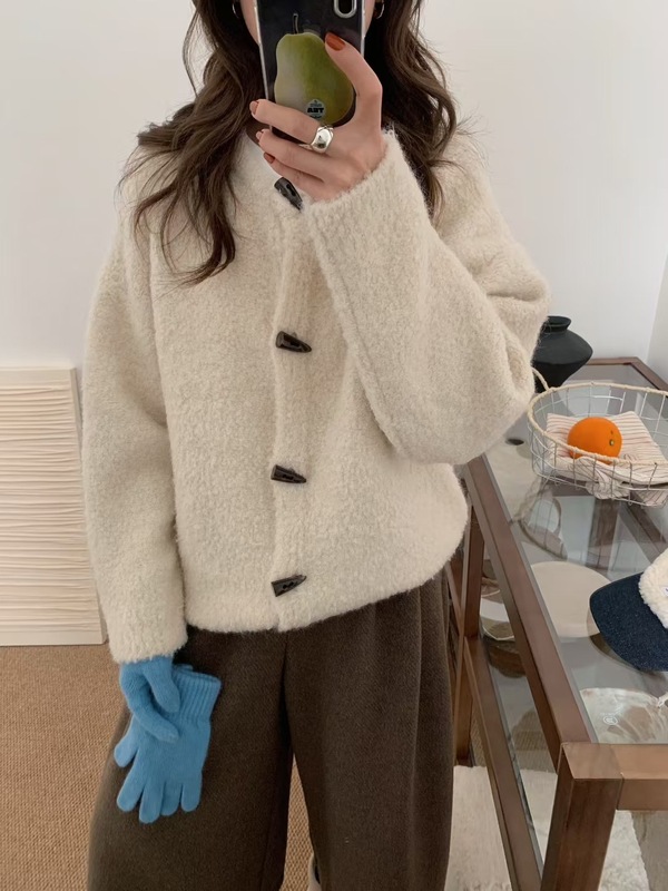 法式牛角扣针织衫外套女软糯圈圈纱毛衣开衫秋冬季小众设计感上衣|undefined