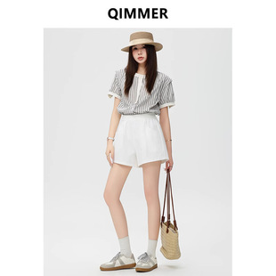 White Cotton Shorts for Women to Wear as Outerwear in Summer, Thin Casual A-Line High-Waisted Loose Pure Cotton Petite Sports Pants