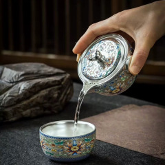 Zhou Hongjie 999 スターリングシルバー金メッキティーポットティーカップ牡丹旅行セットハンドバッグバッグ持ち運びが簡単