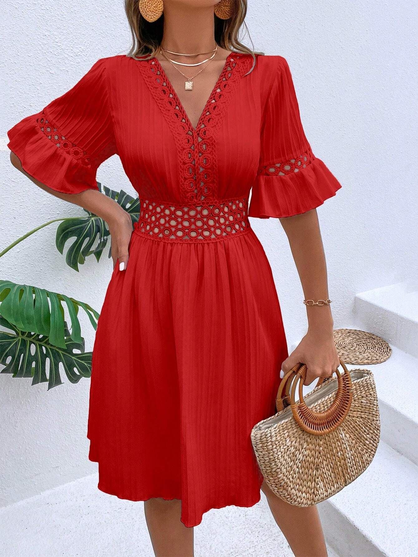 277g Weight Knee-Length Dress Length Type Half Sleeve Sleeve Length Regular Dress Dresses Type Bell Sleeve Sleeve Type Polyester Fabric Type High Waist Waist Line Holiday, Daily Occasion V Neck Neckline Slim Fit Type Solid Color Pattern Summer Season Women's Gender Lace Design Elegant, Streetwear Style Wholesale Women's Elegant Streetwear Lace Solid Color Holiday Daily V Neck Half Sleeve Regular Dress 12