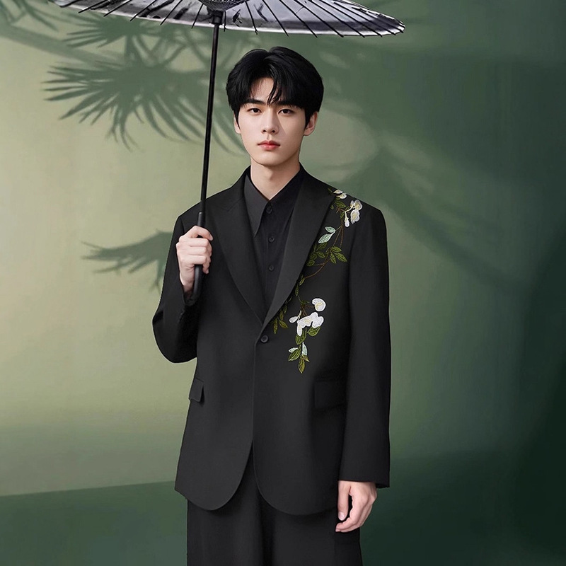 New Chinese-Style Camellia Embroidery Suit Formal Men's Suit Engagement Wear Dress Haute Couture Lapel Collar Shoulder Pad Suit