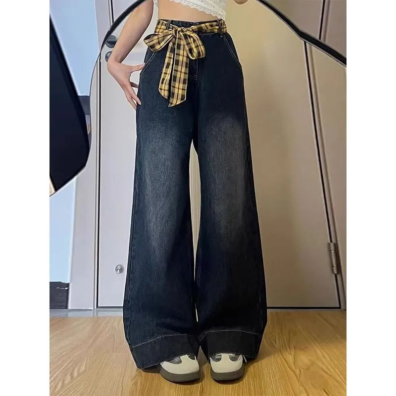 蝴蝶结复古格子拼接阔腿牛仔裤秋季美式高腰小众设计感直筒拖地裤|undefined