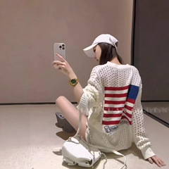 2025年秋冬新款CH国旗小众设计镂空毛衣女慵懒风宽松套头针织衫女
