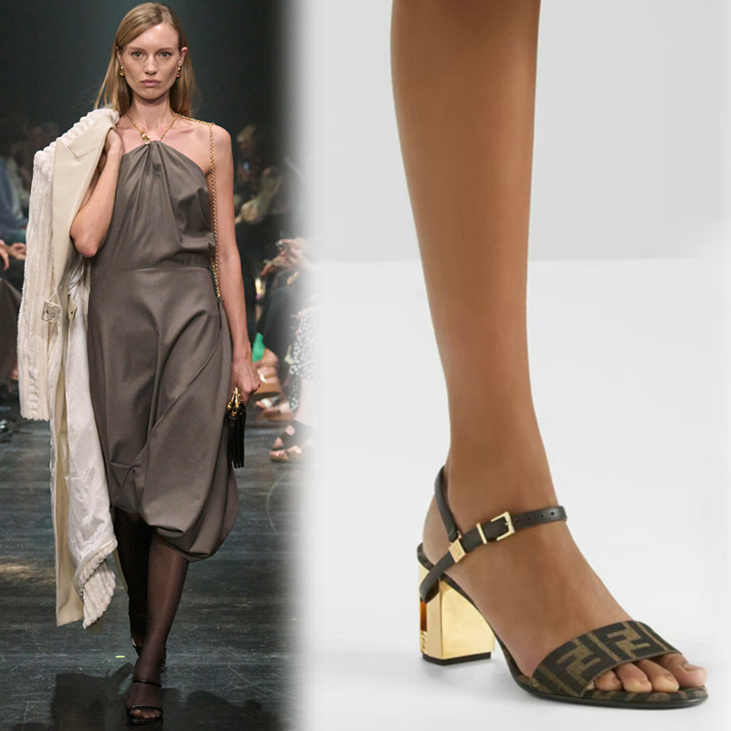 European and American F Letter Open Toe Fish Mouth One-Word Buckle Metal Heel Sandals Export Large Size Cut Out Catwalk Thick High Heels