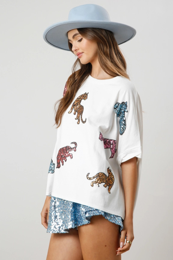 Women's T-shirt Short Sleeve T-Shirts Sequins Simple Style Tiger display picture 4