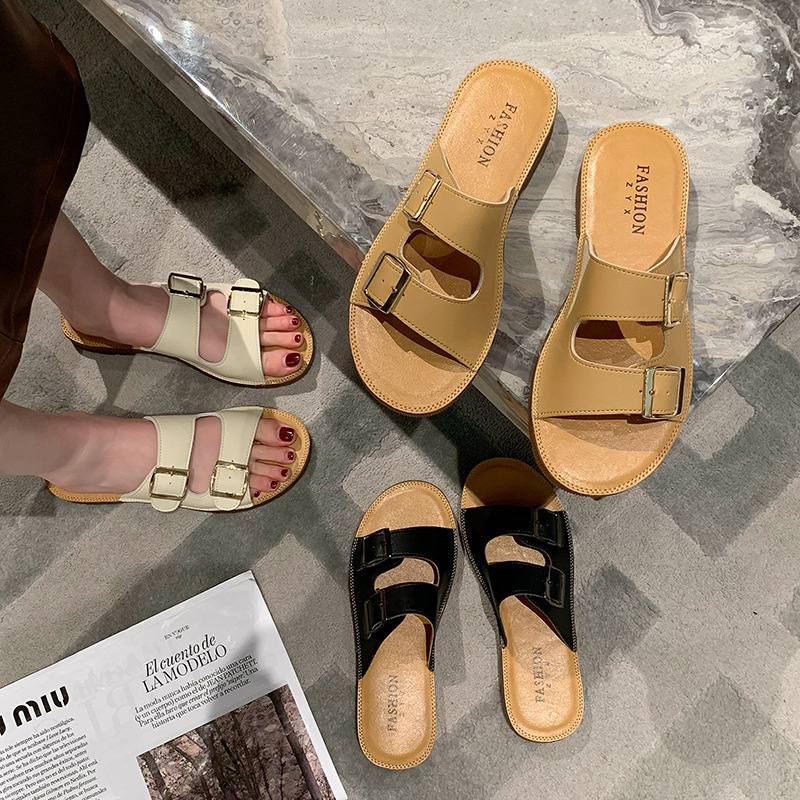 Echt leer Oxford-slippers met zachte zolen Dames zomer bovenkleding 2023 nieuwe all-match strandsandalen met riemgesp_voghion.com
