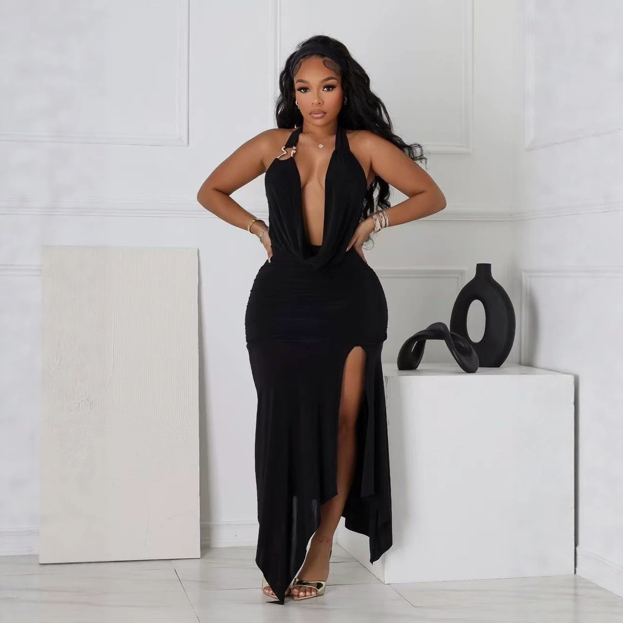 Women's Clothing Sexy Hot Girl Women's Halter Neck V Neck Backless Slit Long Dress Style Fashion Temperament Slim Fit_ecoleips.com