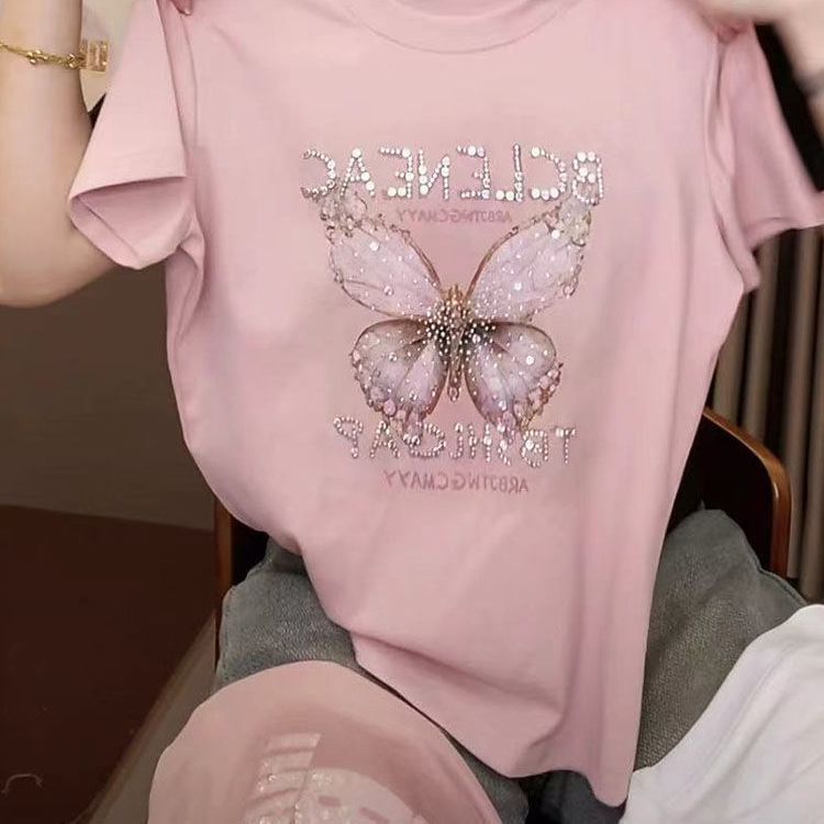 Plus-Size Design Butterfly Rhinestone Short-Sleeve T-Shirt for Women, New Summer Style, Loose and Slimming, Covering the Arms, Fashionable Top