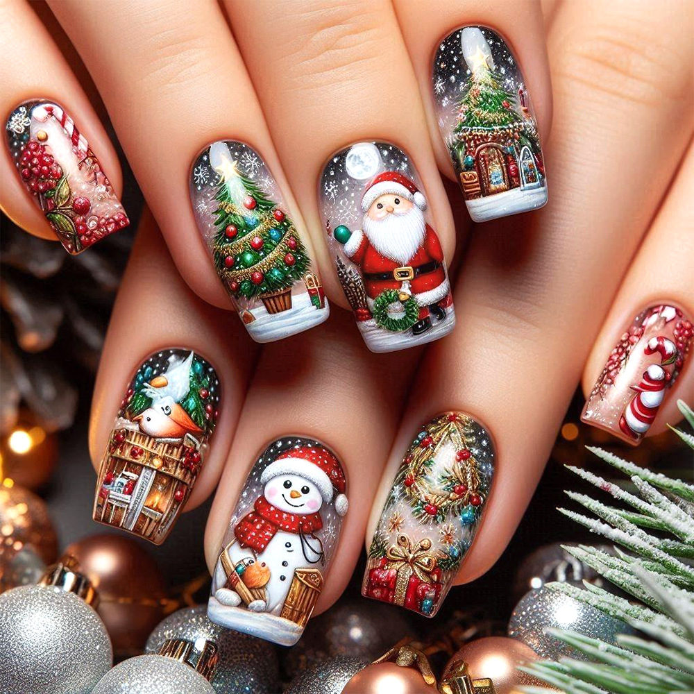 Ventas transfronterizas de uñas en relieve, cálida casa de muñeco de nieve, 24 piezas de uñas falsas.